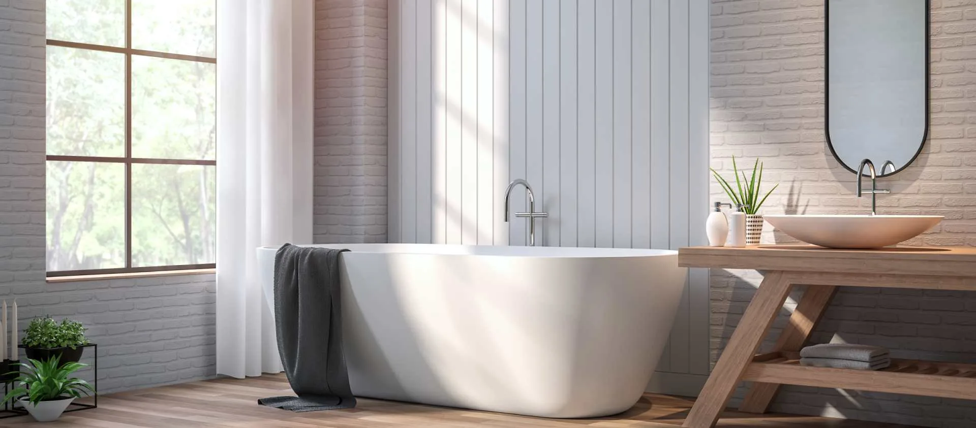 Freestanding bath in a bright modern bathroom