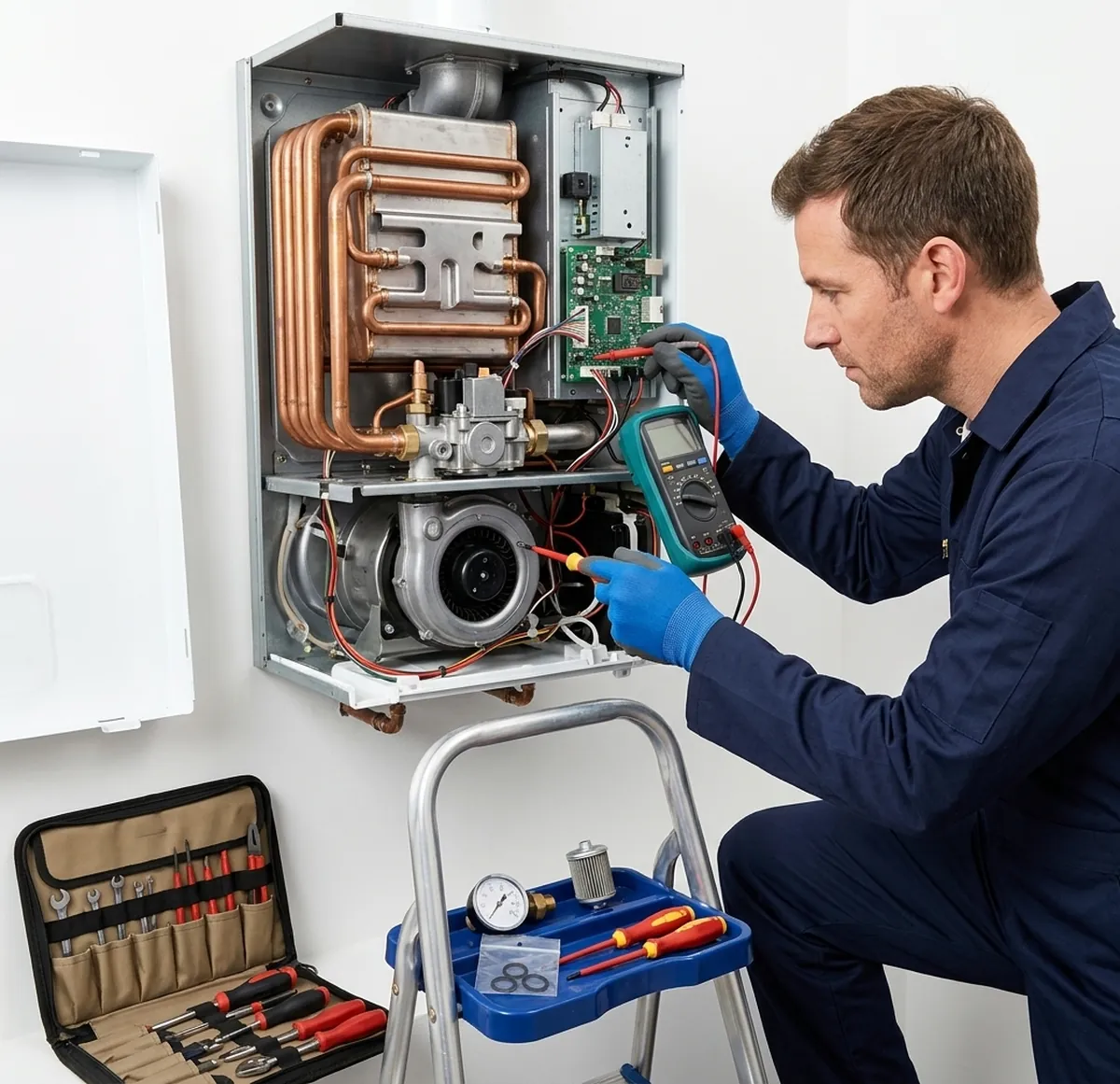 Heating engineer testing a boiler